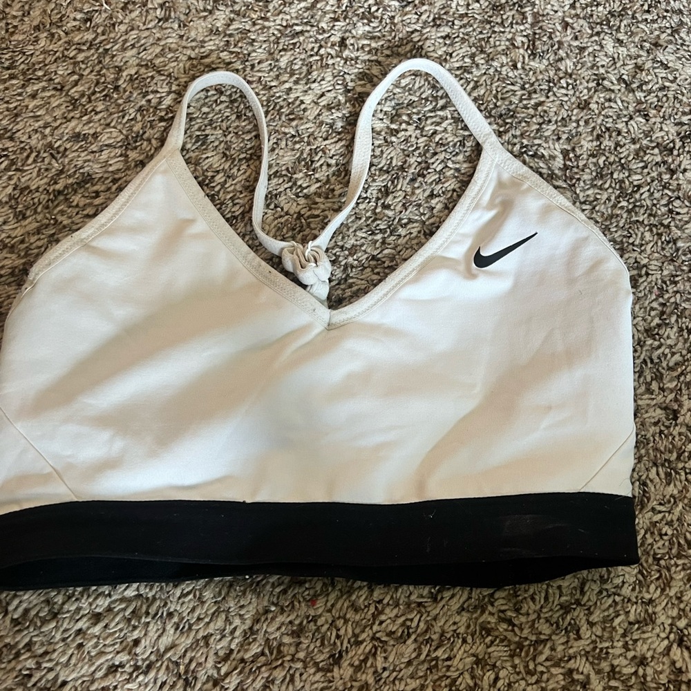Nike Cream and Black Sports Bra with Moisture-Wicking Fabric